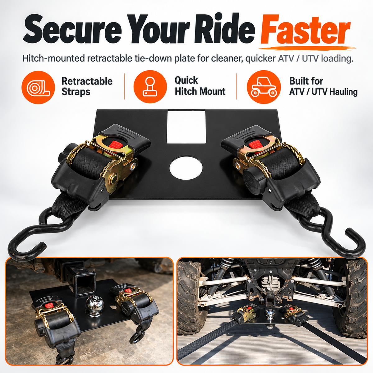 Heavy-Duty Hitch Tie-Down Plate – Dual 1300LB Retractable Ratchet Straps for ATV & UTV Hauling