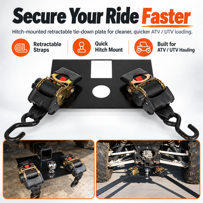 Heavy-Duty Hitch Tie-Down Plate – Dual 1300LB Retractable Ratchet Straps for ATV & UTV Hauling