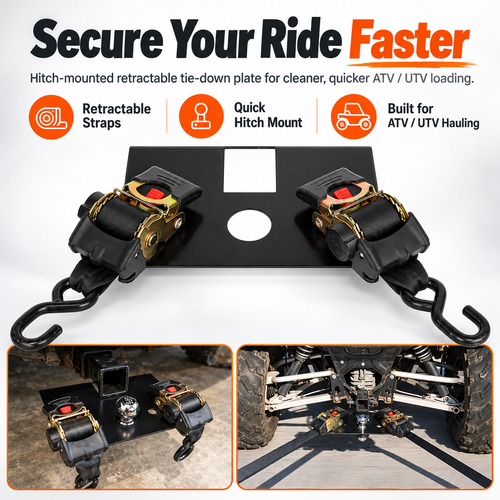 Heavy-Duty Hitch Tie-Down Plate – Dual 1300LB Retractable Ratchet Straps for ATV & UTV Hauling