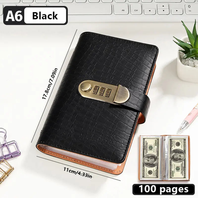 💰🔒 A6 PU Leather Savings Binder – 100 Clear Pockets & Resettable Combination Lock ✨