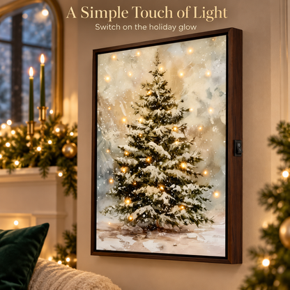 Light-Up Snowy Christmas Tree Wall Art – Framed Holiday Decor with Warm Twinkling Lights