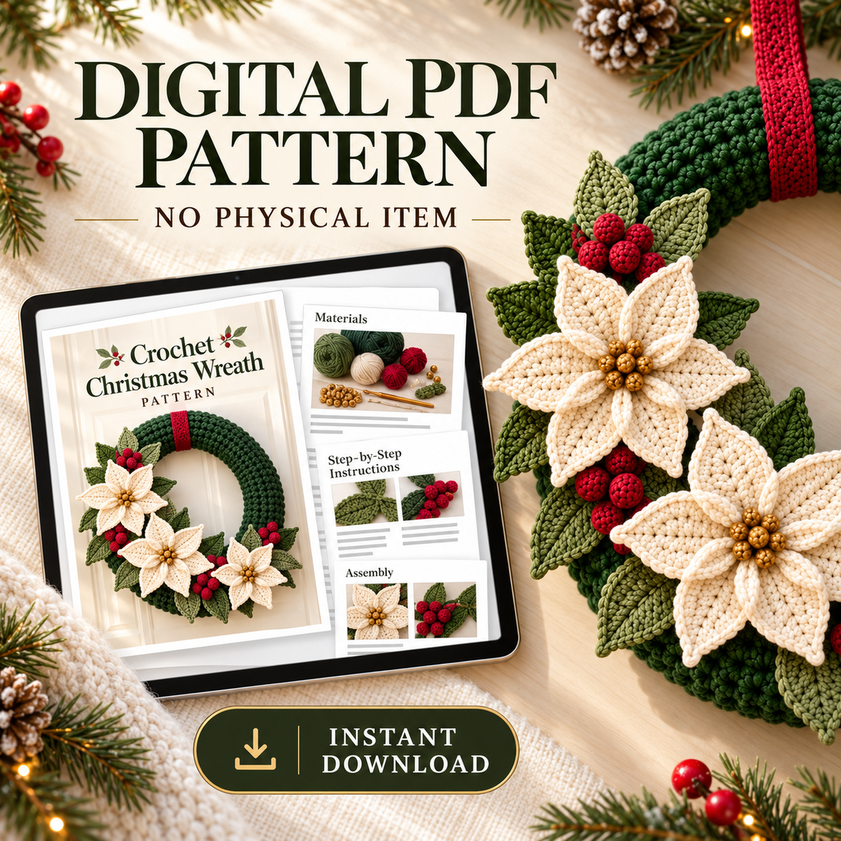 Crochet Christmas Wreath Pattern PDF – Poinsettia & Berry Wreath