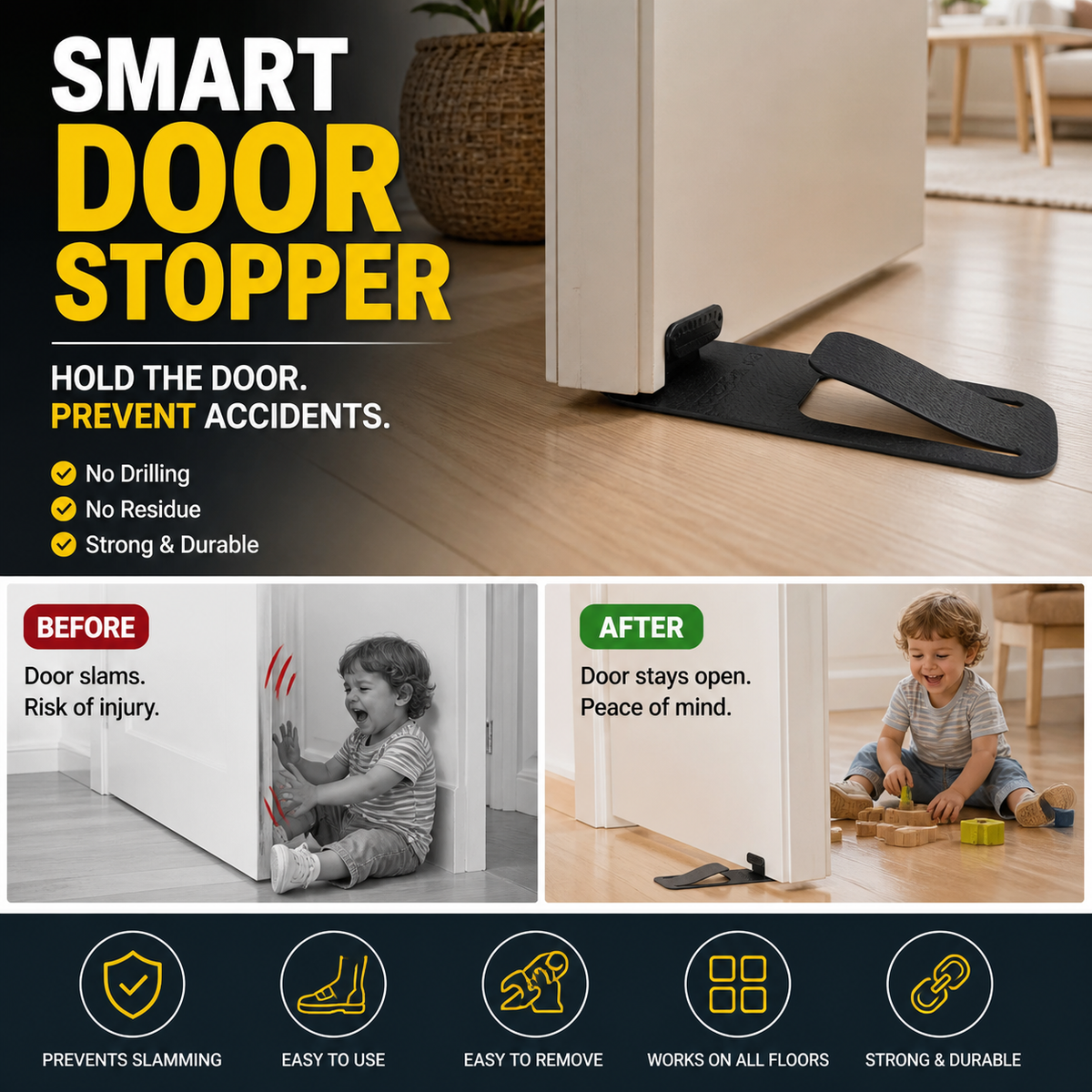 4-Pack Door Stopper Protector –  No-drill, residue-free & holds doors open. Safe & simple – stock up & save! 🏠✅