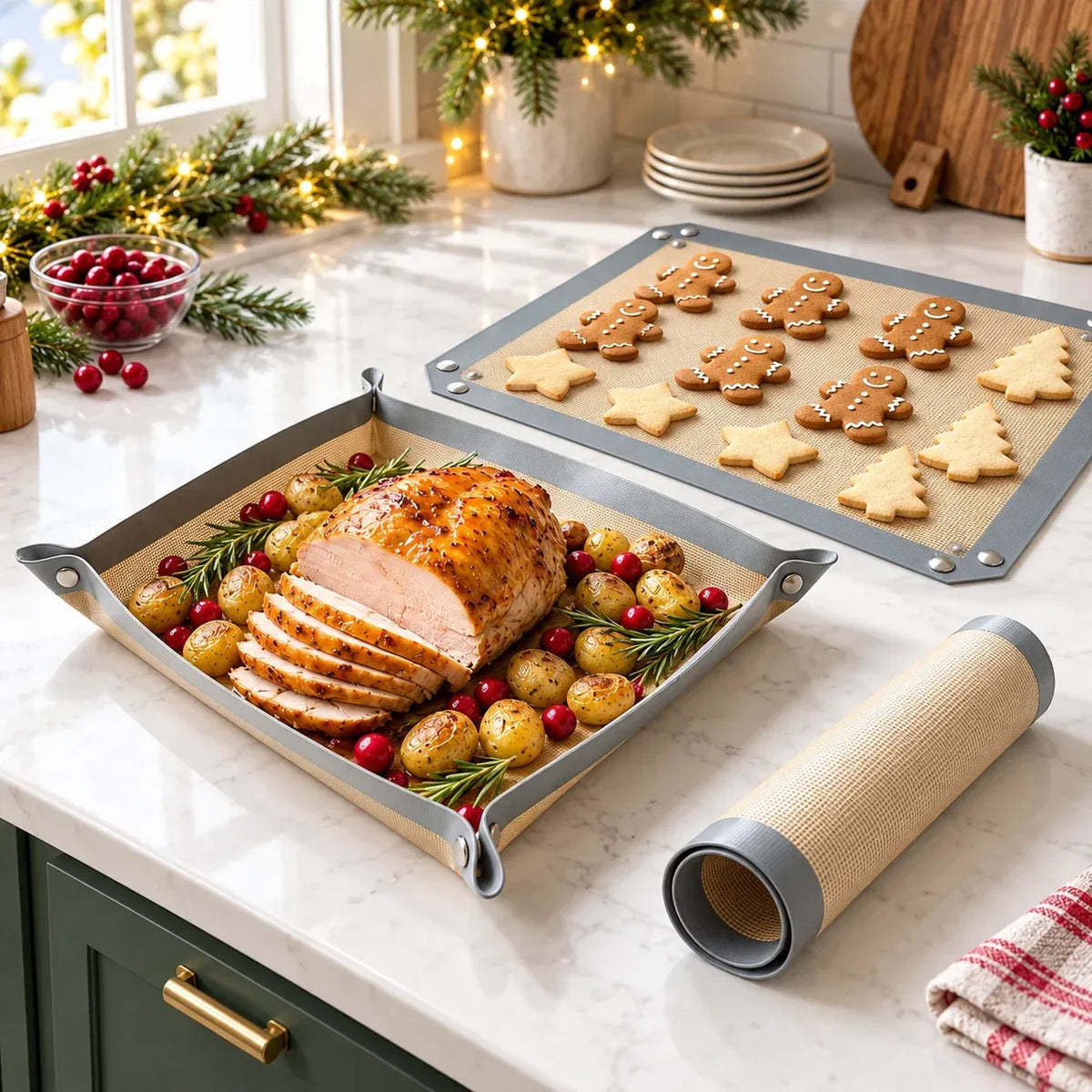 2 Pack Snap-Lock Silicone Baking Mat -2in-1 Nonstick Oven Liner & RaisedEdge Roasting Mat