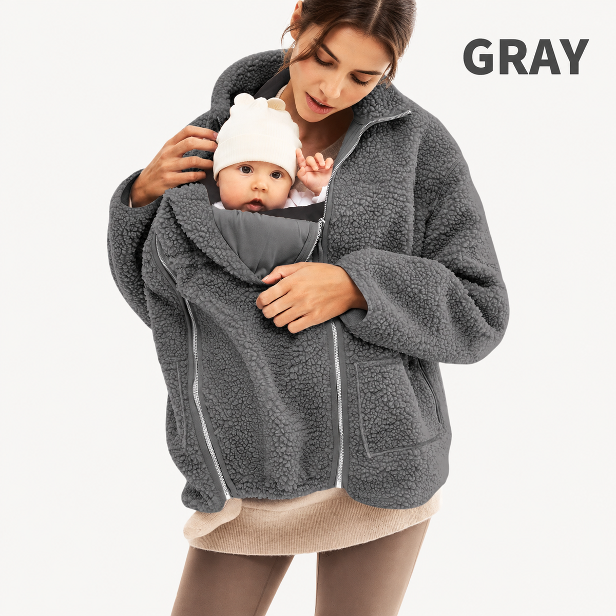 2-in-1 Maternity & Babywearing Teddy Fleece Jacket – Cozy Zip-Up Coat with Detachable Baby Panel for Moms