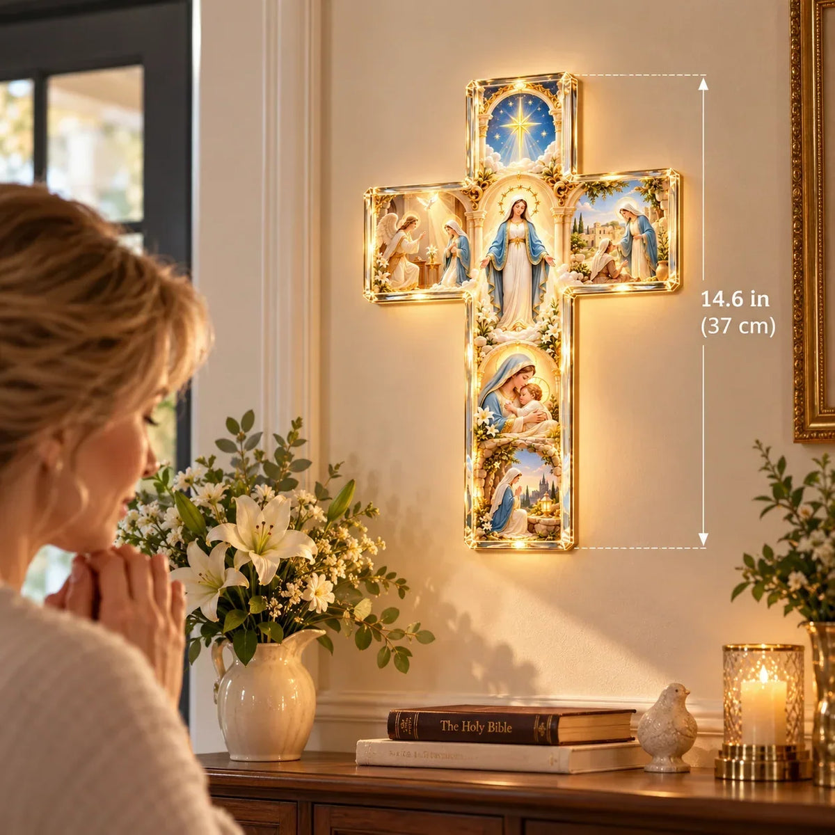 ✨ Mary’s Sacred Journey – Illuminated 6-Scene Cross✝️