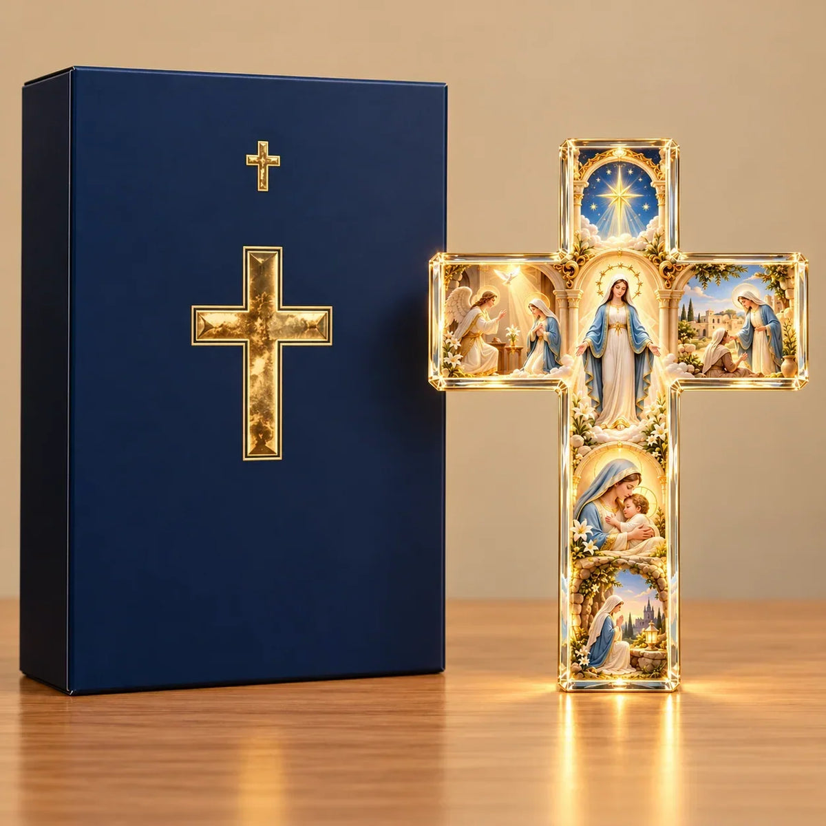✨ Mary’s Sacred Journey – Illuminated 6-Scene Cross✝️