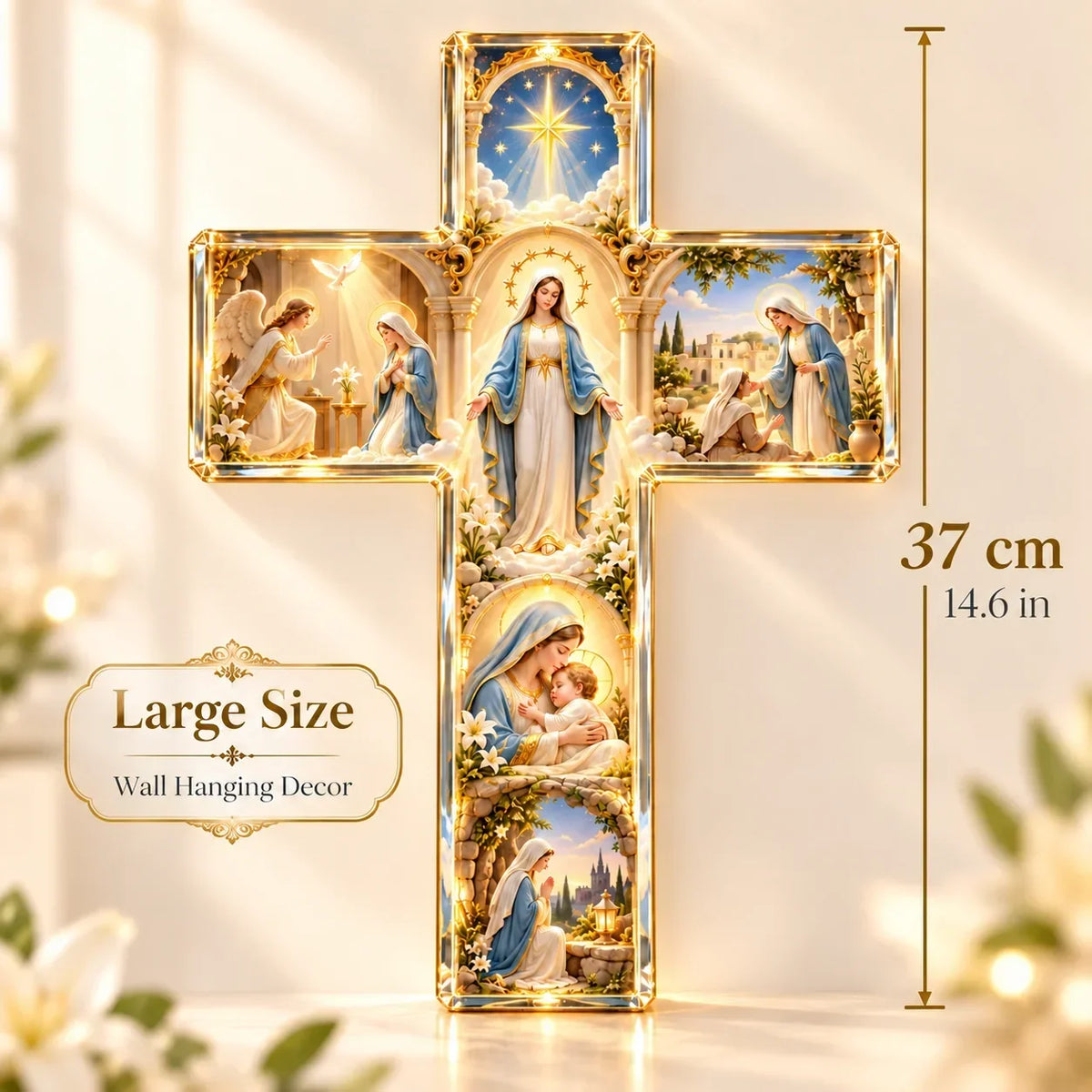 ✨ Mary’s Sacred Journey – Illuminated 6-Scene Cross✝️