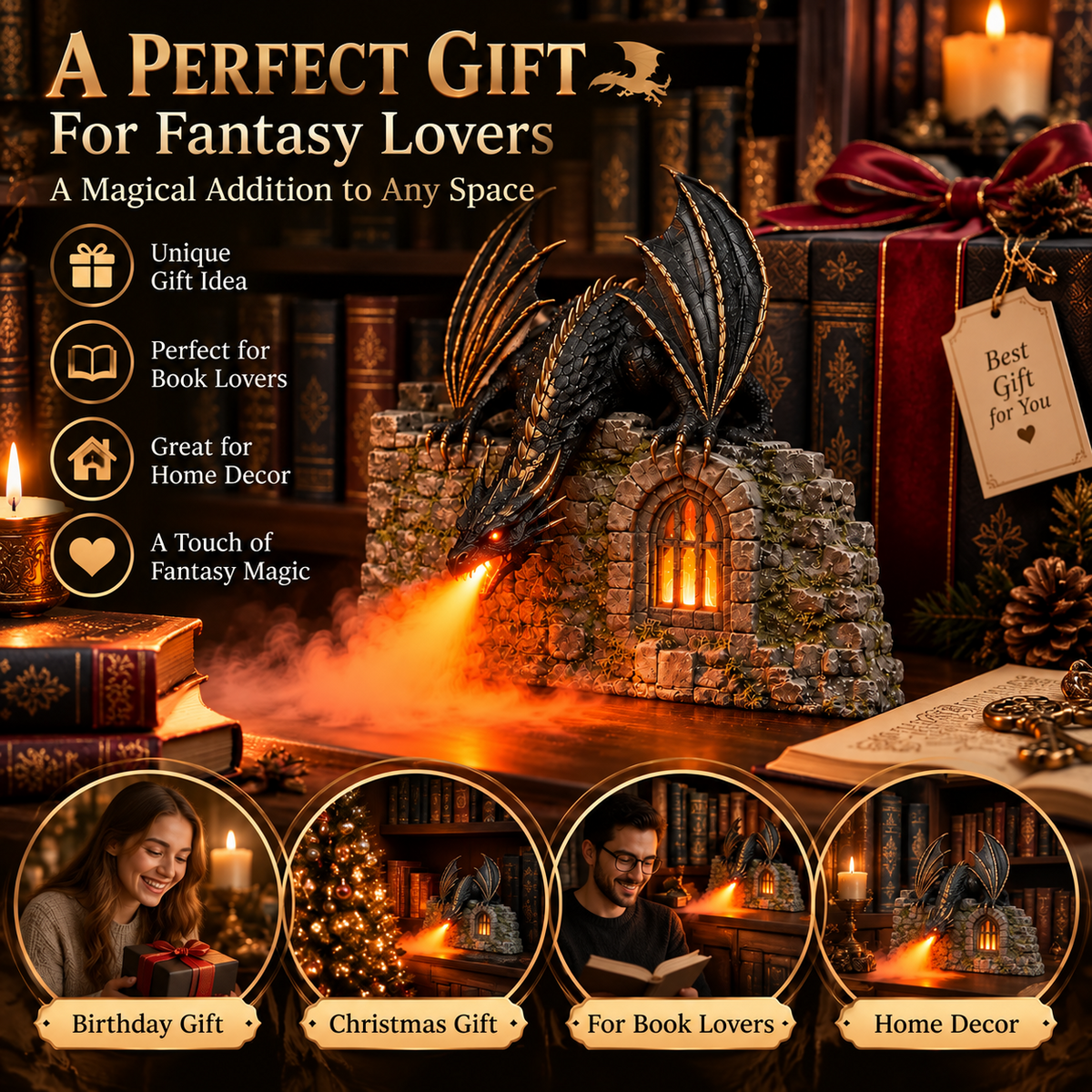 🌪️🐉HOT SALE🔥-Drachen-Luftbefeuchter mit Flammeneffekt – Fantasy-Zauber für Ihre Leseecke✨