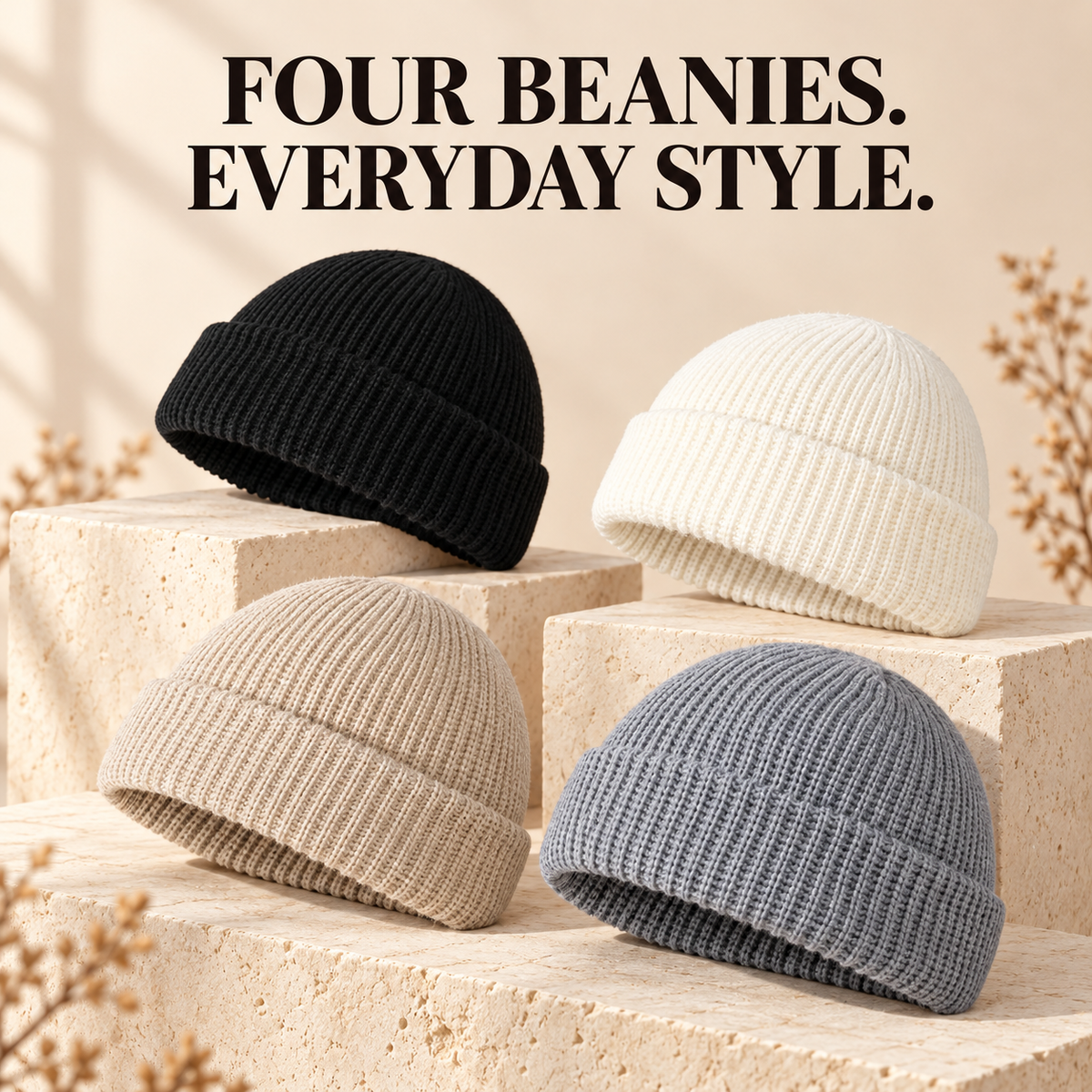 Men’s Cuffed Knit Beanie – Solid Color Everyday Hat for Fall & Winter