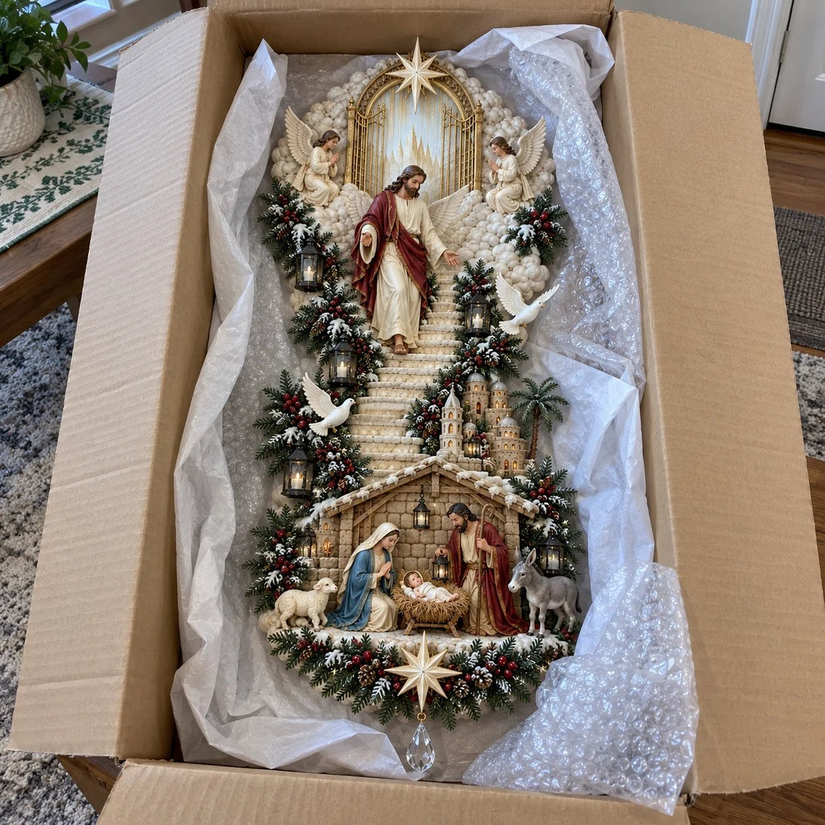 🔥✨ Jesus Light of Heaven Christmas Wall Hanging | Illuminated Nativity Stairway Decor ✝️