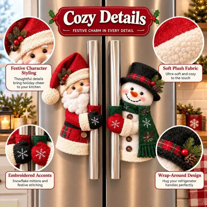 Plush Christmas Handle Huggers – Santa & Snowman Appliance Handle Covers for Festive Kitchen Decor