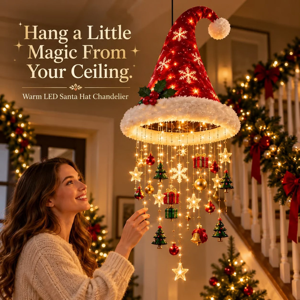 🎅🎅Santa Hat LED Hanging Light – Cascading Warm Fairy Lights with Festive Christmas Charms