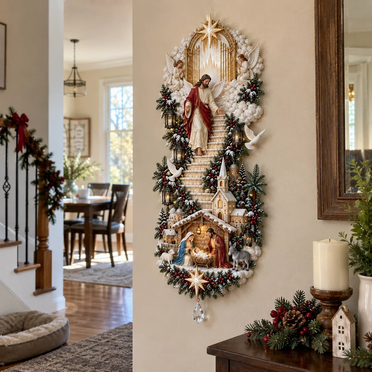 🔥✨ Jesus Light of Heaven Christmas Wall Hanging | Illuminated Nativity Stairway Decor ✝️