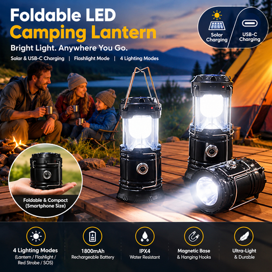 🏕️🔦 Foldable LED Camping Lantern – Solar & USB-C Charging with Flashlight Mode ☀️