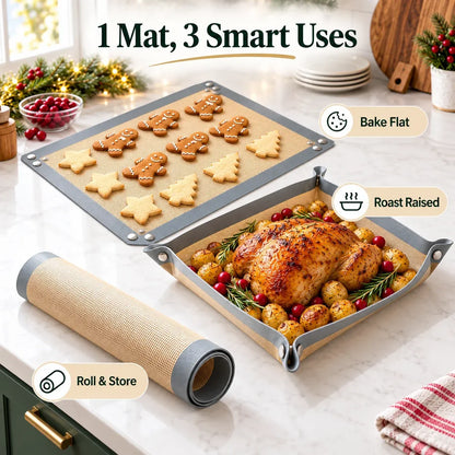 2 Pack Snap-Lock Silicone Baking Mat -2in-1 Nonstick Oven Liner & RaisedEdge Roasting Mat