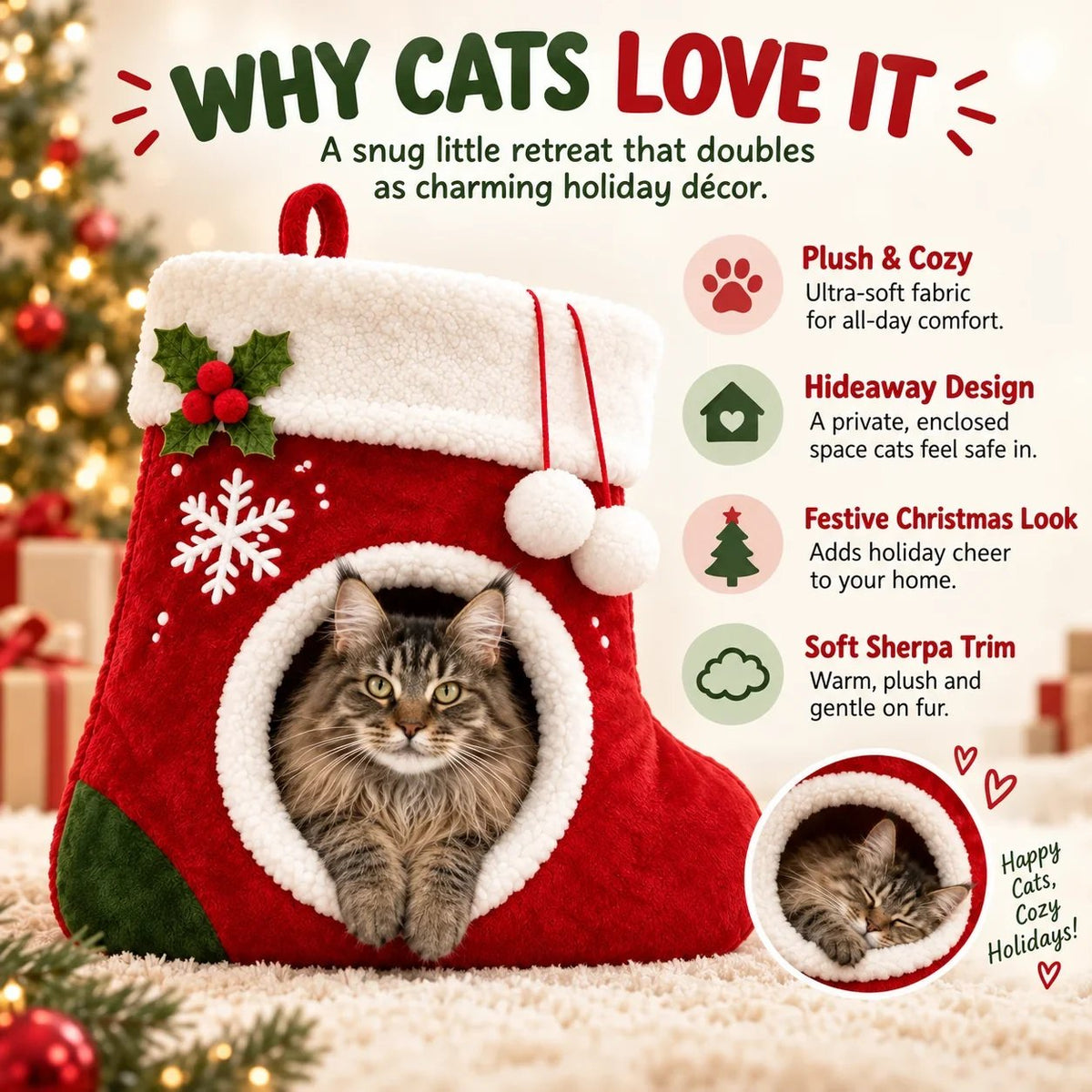 🎄 Christmas Stocking Cat Bed – Ultra-Soft Sherpa Cozy Hideaway for Cats 🐱