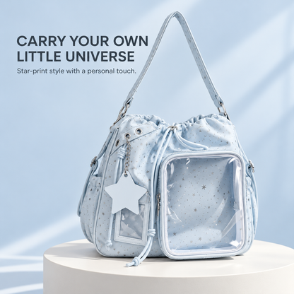 🎒🎒Star Print Ita Shoulder Bag – Clear Display Pocket, Drawstring Closure & Cute Star Charm