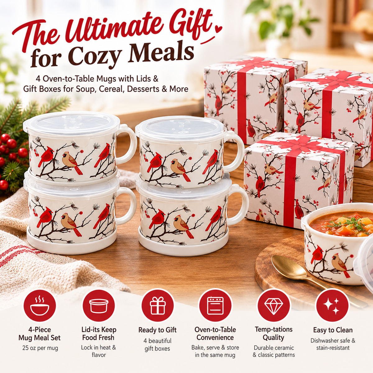 🍲🍲Temp-tations Set of 4 Mug Meals with Lid-it Lids & Gift Boxes – 25-oz Oven-to-Table Mugs for Soup, Oatmeal, Pasta & Desserts