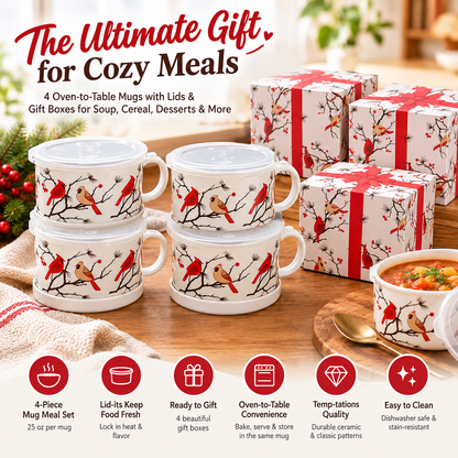 🍲🍲Temp-tations Set of 4 Mug Meals with Lid-it Lids & Gift Boxes – 25-oz Oven-to-Table Mugs for Soup, Oatmeal, Pasta & Desserts