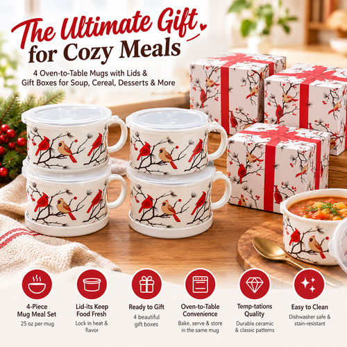 🍲🍲Temp-tations Set of 4 Mug Meals with Lid-it Lids & Gift Boxes – 25-oz Oven-to-Table Mugs for Soup, Oatmeal, Pasta & Desserts