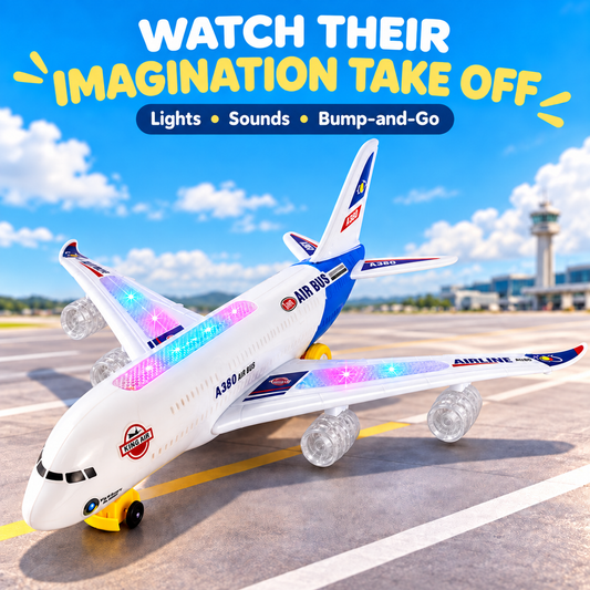 ✈️ Light-Up Airplane Toy – LED Lights, Takeoff Sounds & Bump-and-Go Action for Ages 4–8 🌟