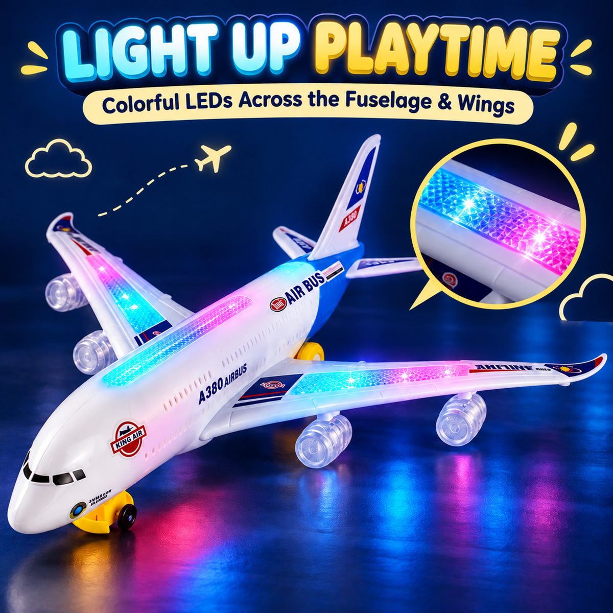 ✈️ Light-Up Airplane Toy – LED Lights, Takeoff Sounds & Bump-and-Go Action for Ages 4–8 🌟