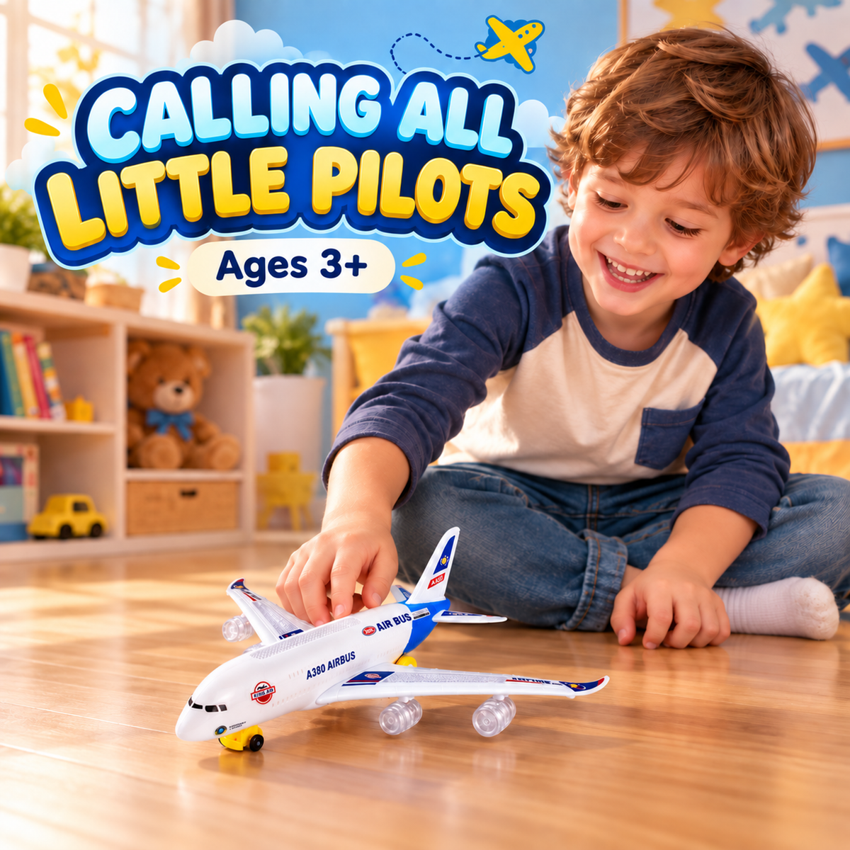 ✈️ Light-Up Airplane Toy – LED Lights, Takeoff Sounds & Bump-and-Go Action for Ages 4–8 🌟
