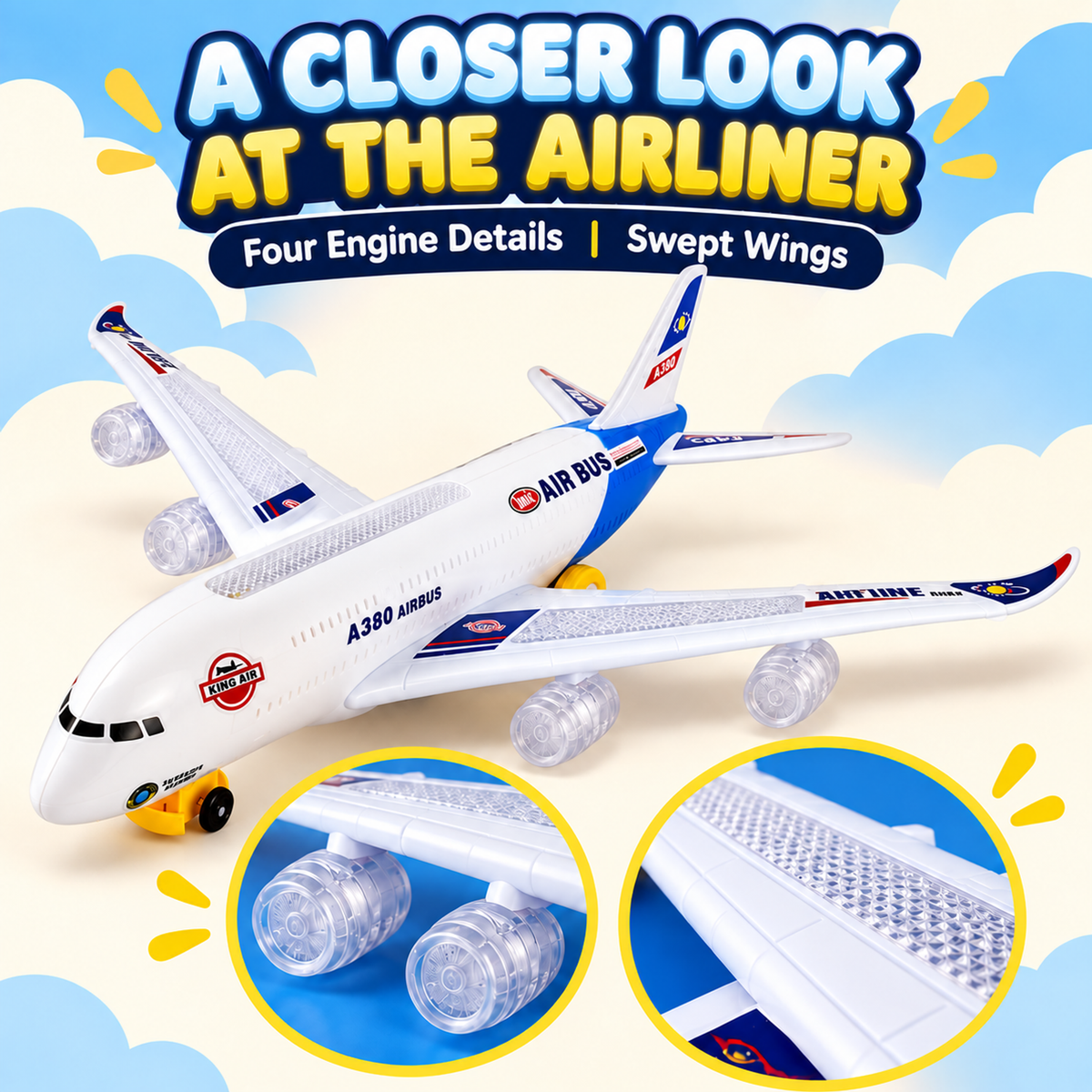 ✈️ Light-Up Airplane Toy – LED Lights, Takeoff Sounds & Bump-and-Go Action for Ages 4–8 🌟