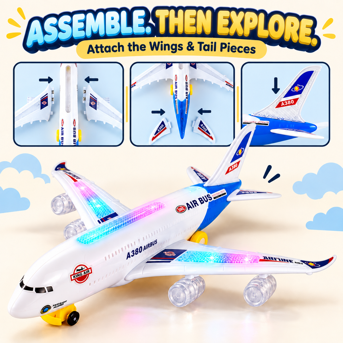 ✈️ Light-Up Airplane Toy – LED Lights, Takeoff Sounds & Bump-and-Go Action for Ages 4–8 🌟