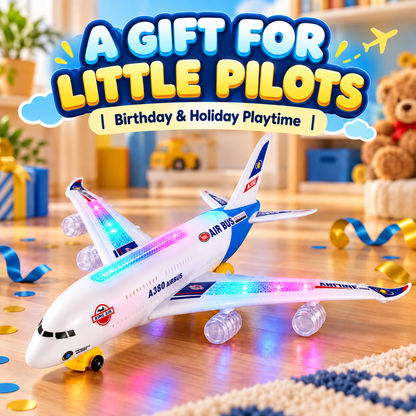 ✈️ Light-Up Airplane Toy – LED Lights, Takeoff Sounds & Bump-and-Go Action for Ages 4–8 🌟