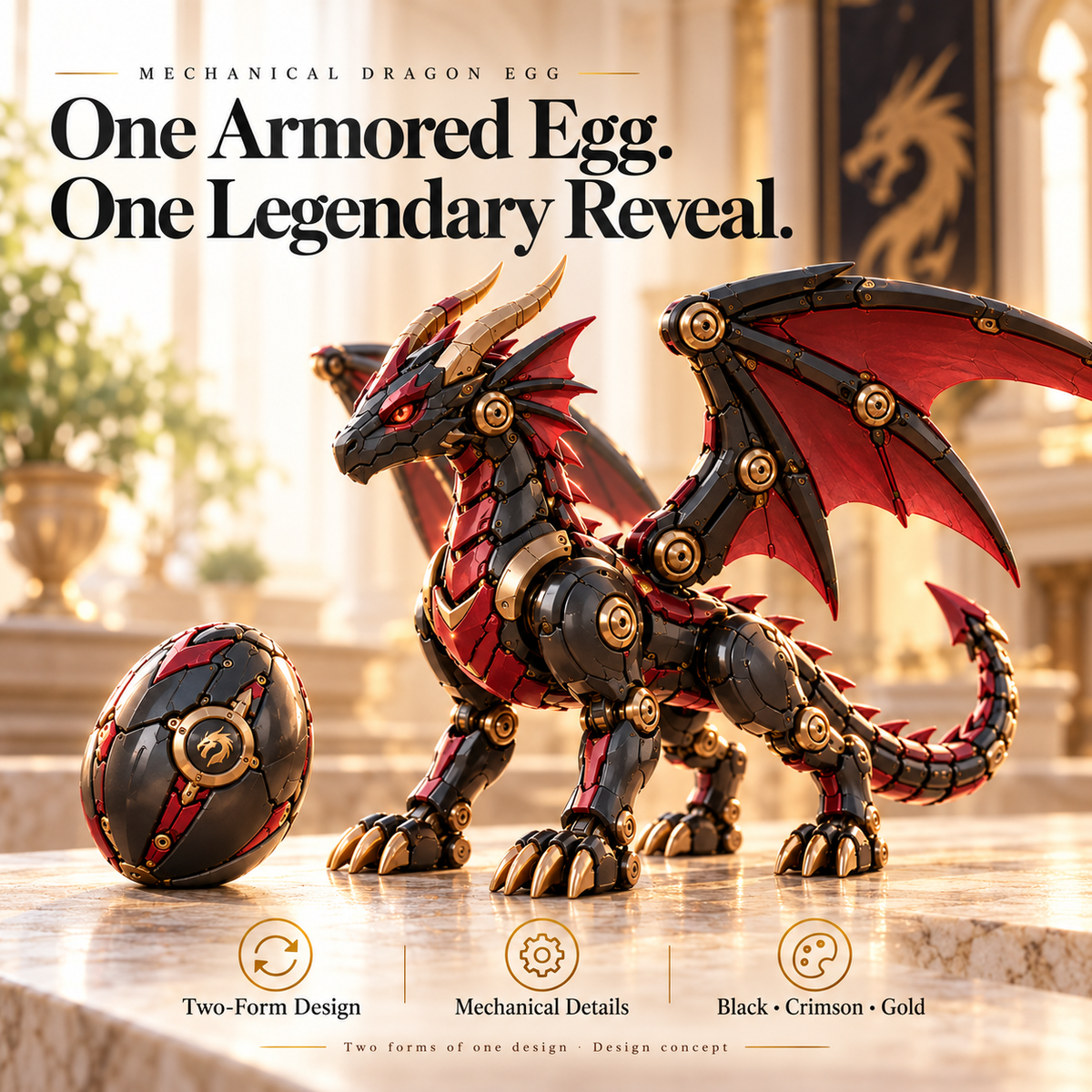 Mechanical Dragon Egg in armored egg and black crimson dragon forms
