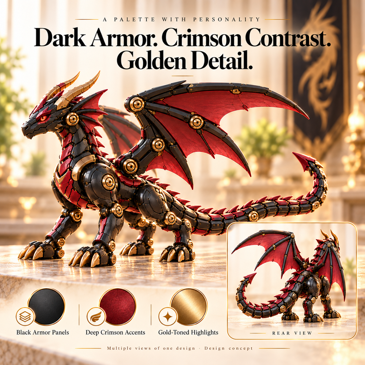 Black crimson mechanical dragon side view with segmented tail