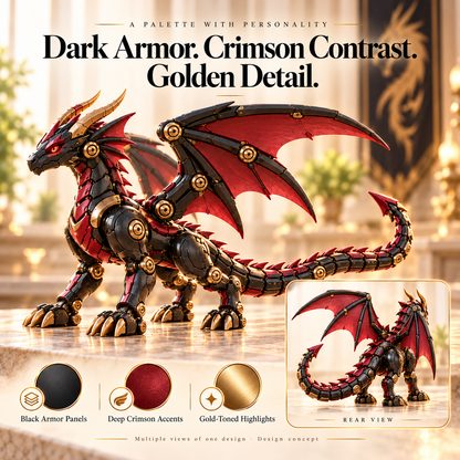 Black crimson mechanical dragon side view with segmented tail