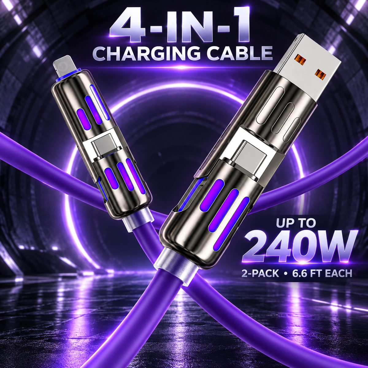 ⚡🔌 6.6FT 4-in-1 USB-C Cable – PD Fast Charging & Data Sync for USB-A, Type-C & Lightning 📱