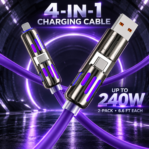 ⚡🔌 6.6FT 4-in-1 USB-C Cable – PD Fast Charging & Data Sync for USB-A, Type-C & Lightning 📱