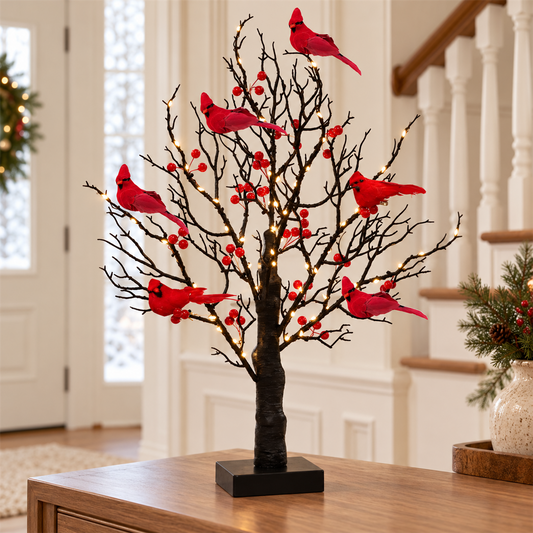 🐦 Lighted Red Cardinal Tree – 60 Lights, 20.9″ Tall, Battery-Powered Decor ✨