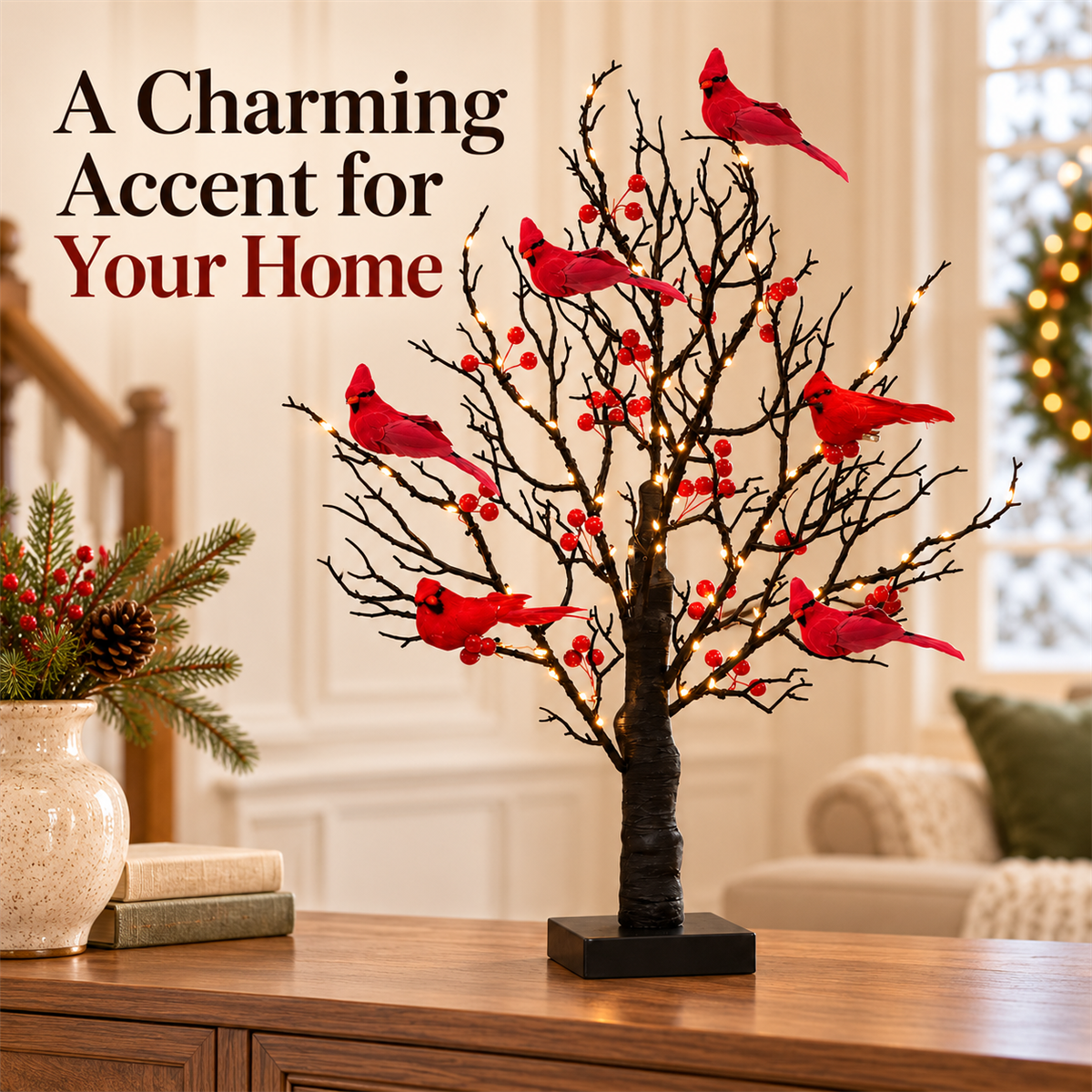 🐦 Lighted Red Cardinal Tree – 60 Lights, 20.9″ Tall, Battery-Powered Decor ✨