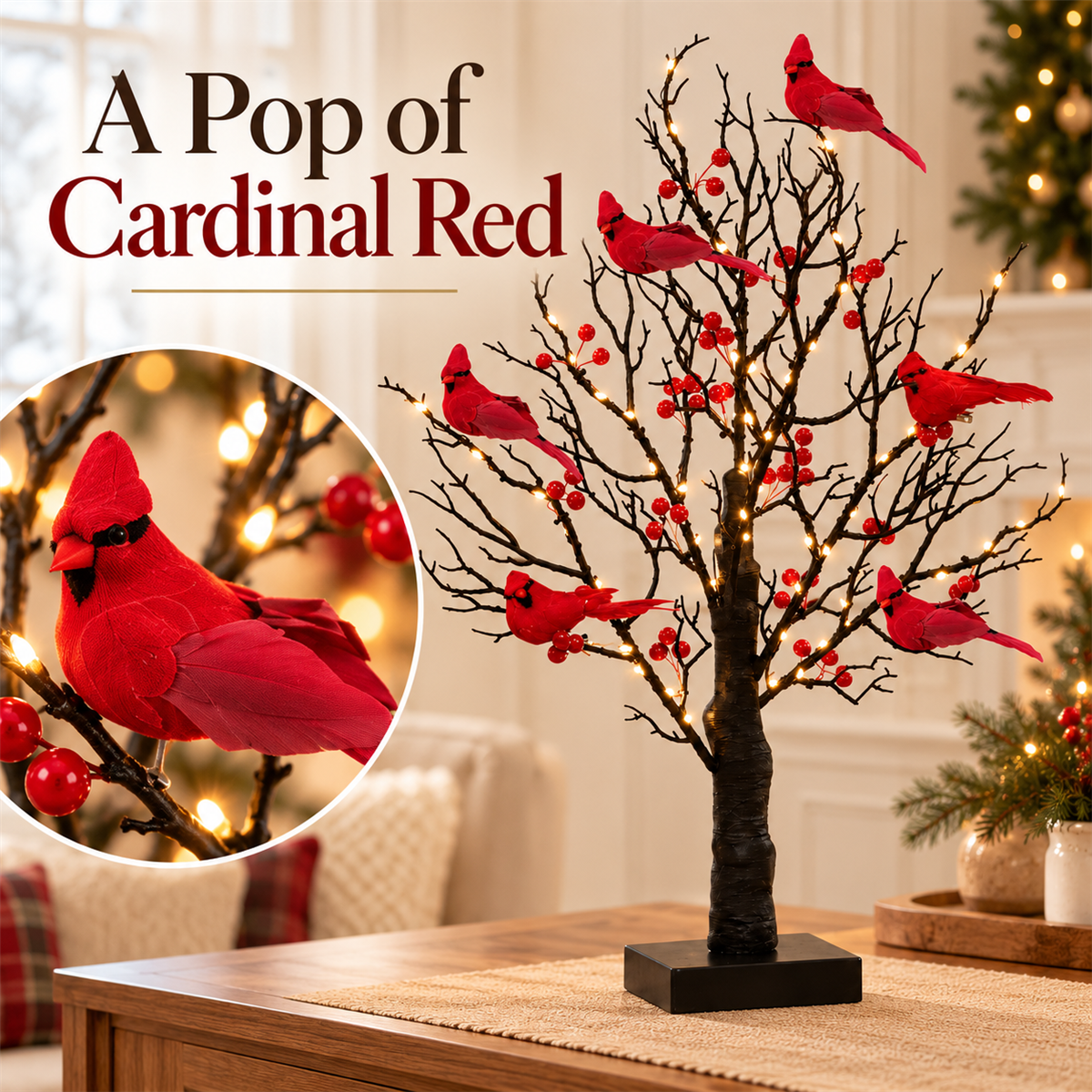 🐦 Lighted Red Cardinal Tree – 60 Lights, 20.9″ Tall, Battery-Powered Decor ✨
