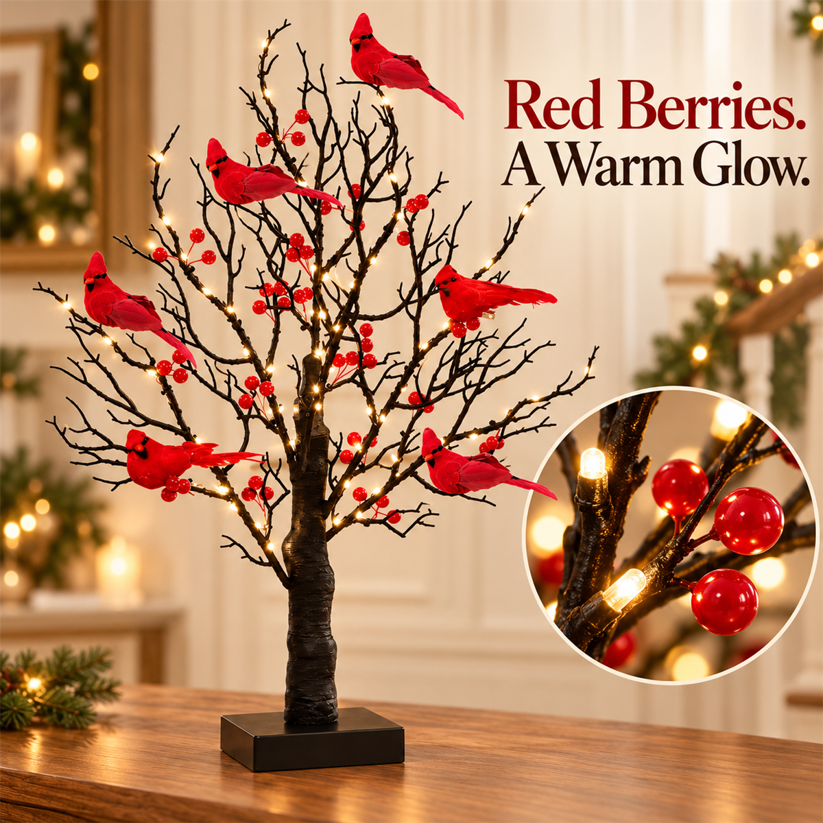 🐦 Lighted Red Cardinal Tree – 60 Lights, 20.9″ Tall, Battery-Powered Decor ✨