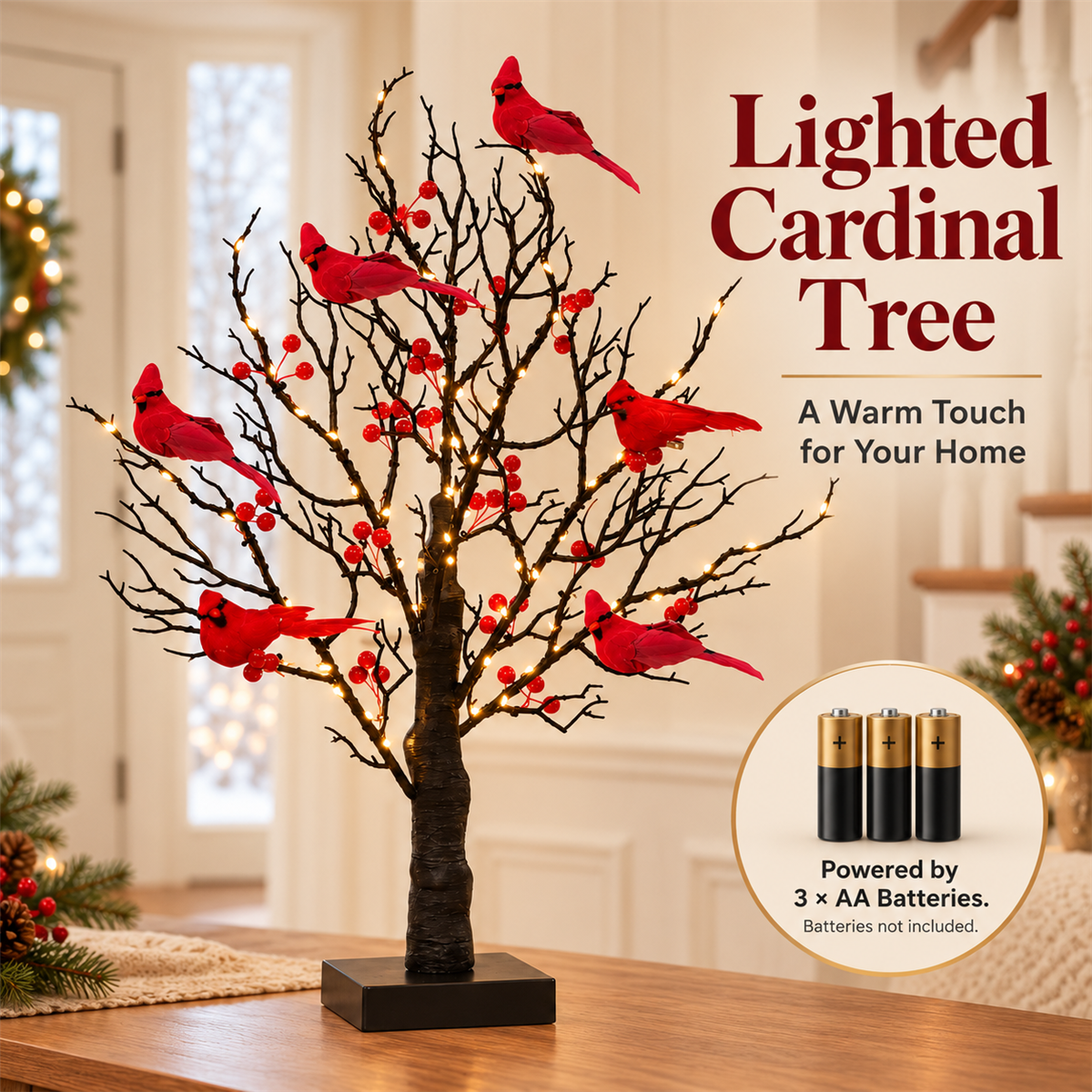 🐦 Lighted Red Cardinal Tree – 60 Lights, 20.9″ Tall, Battery-Powered Decor ✨