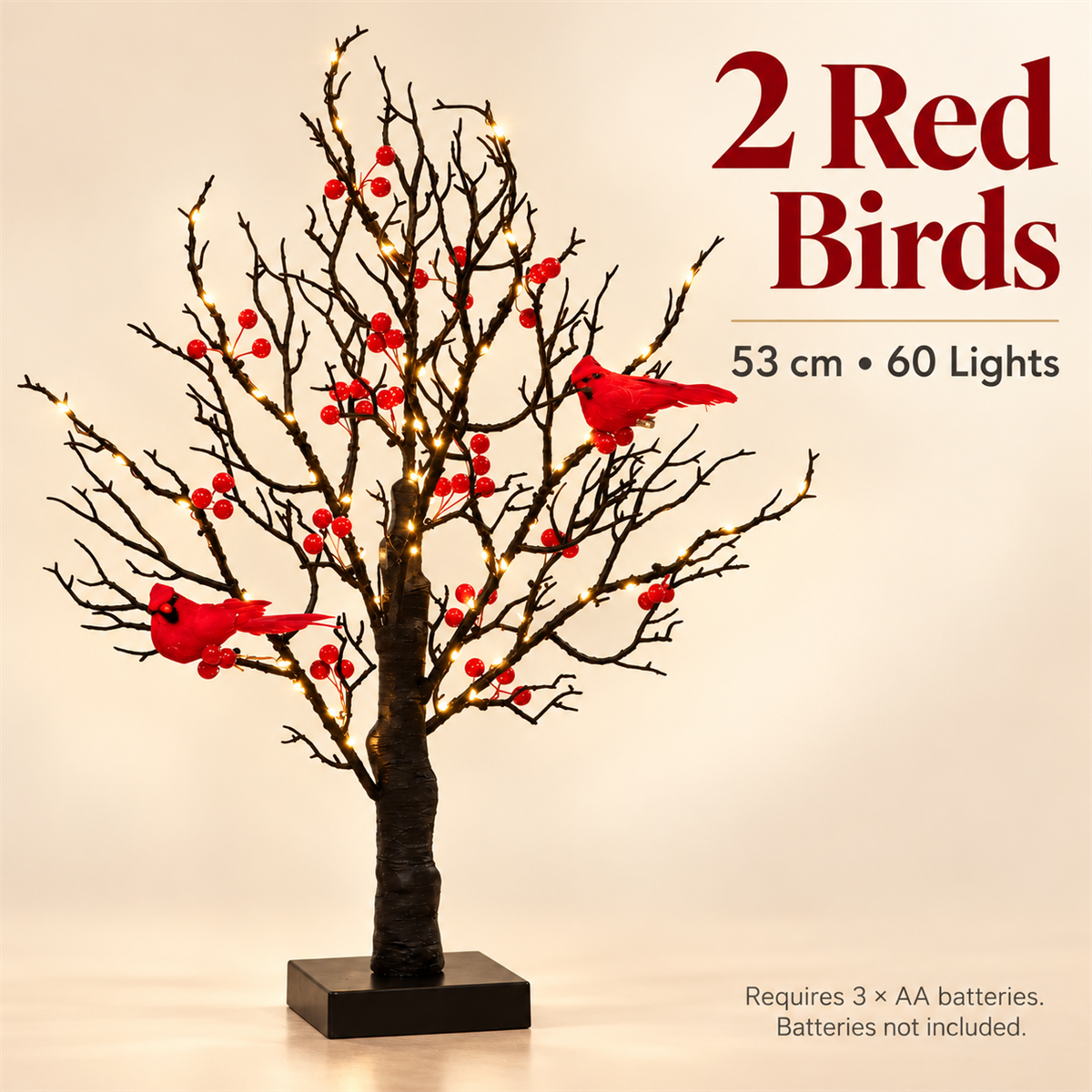 🐦 Lighted Red Cardinal Tree – 60 Lights, 20.9″ Tall, Battery-Powered Decor ✨