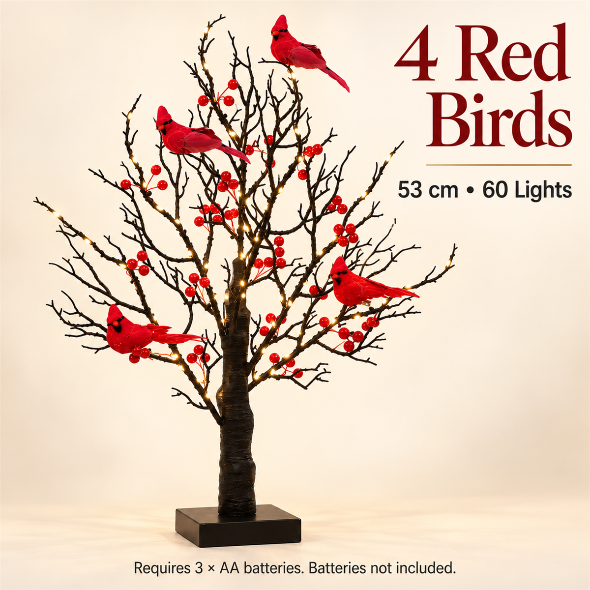 🐦 Lighted Red Cardinal Tree – 60 Lights, 20.9″ Tall, Battery-Powered Decor ✨