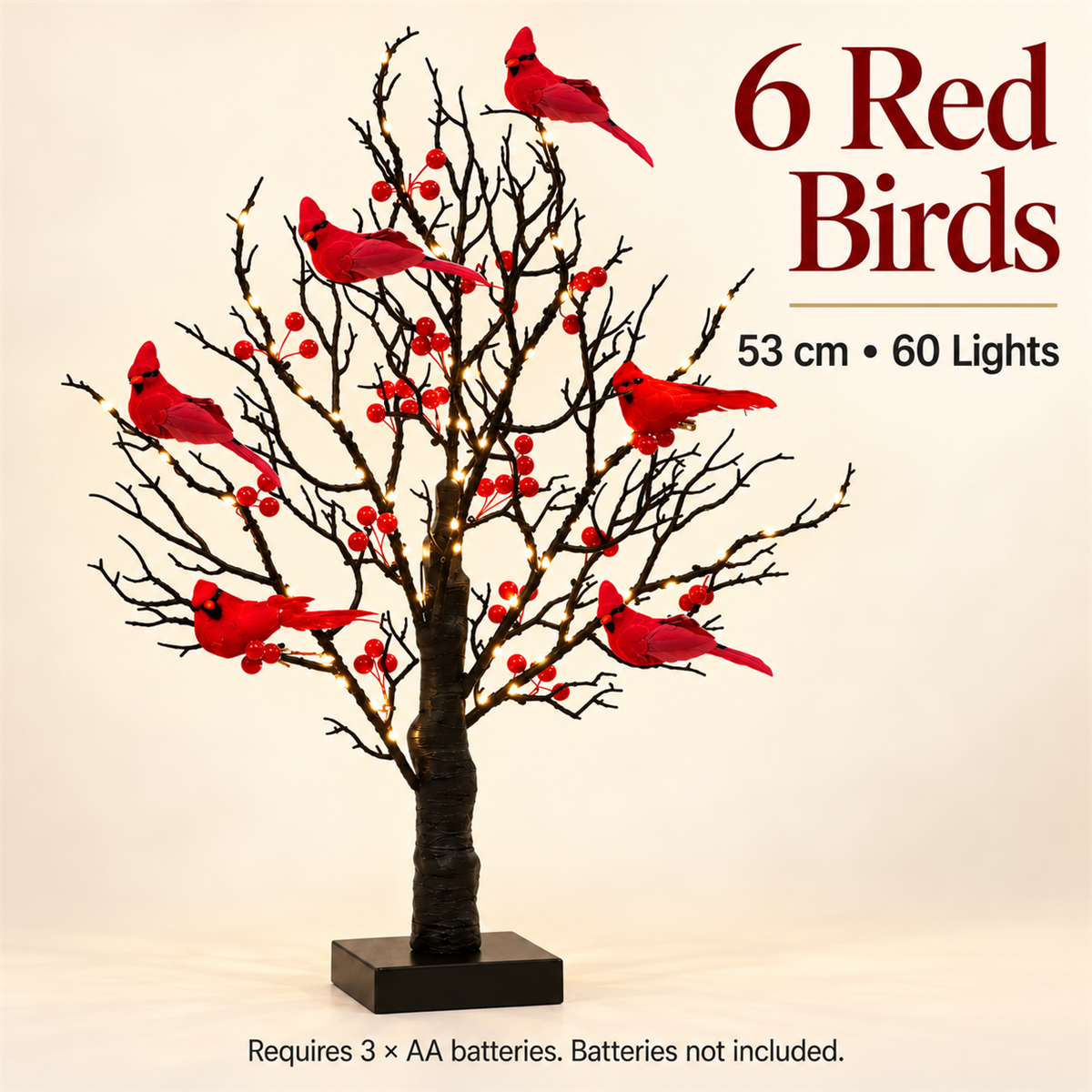 🐦 Lighted Red Cardinal Tree – 60 Lights, 20.9″ Tall, Battery-Powered Decor ✨