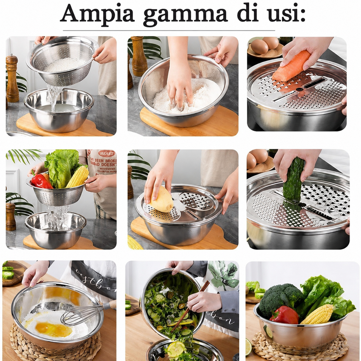 Set Ciotola Multifunzione 3 in 1 in Acciaio Inox 🥣