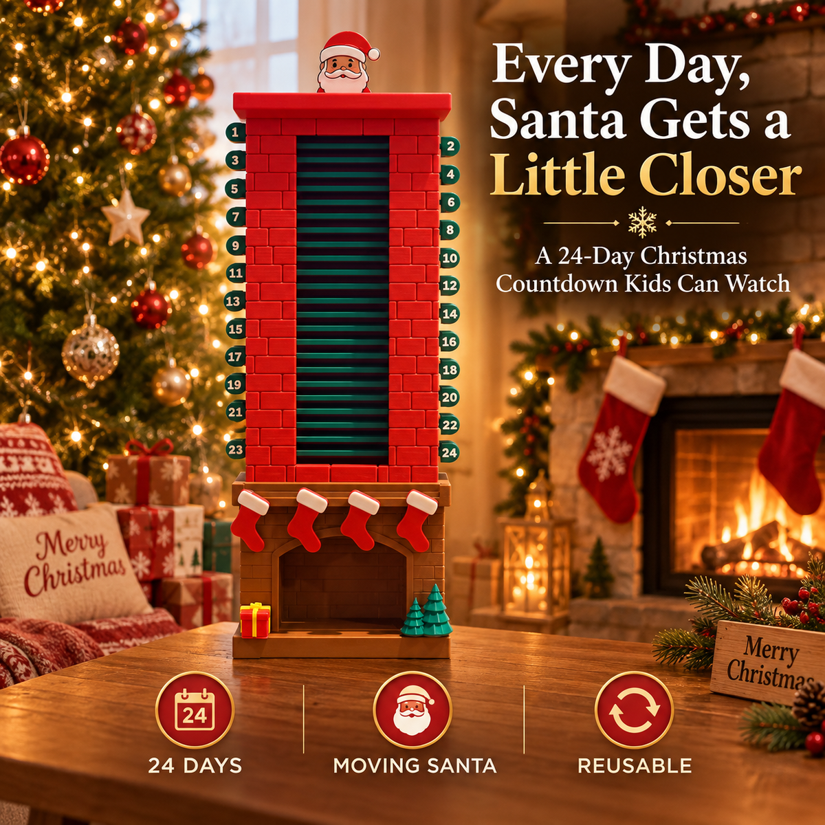 Santa chimney countdown displayed in a warmly decorated Christmas room
