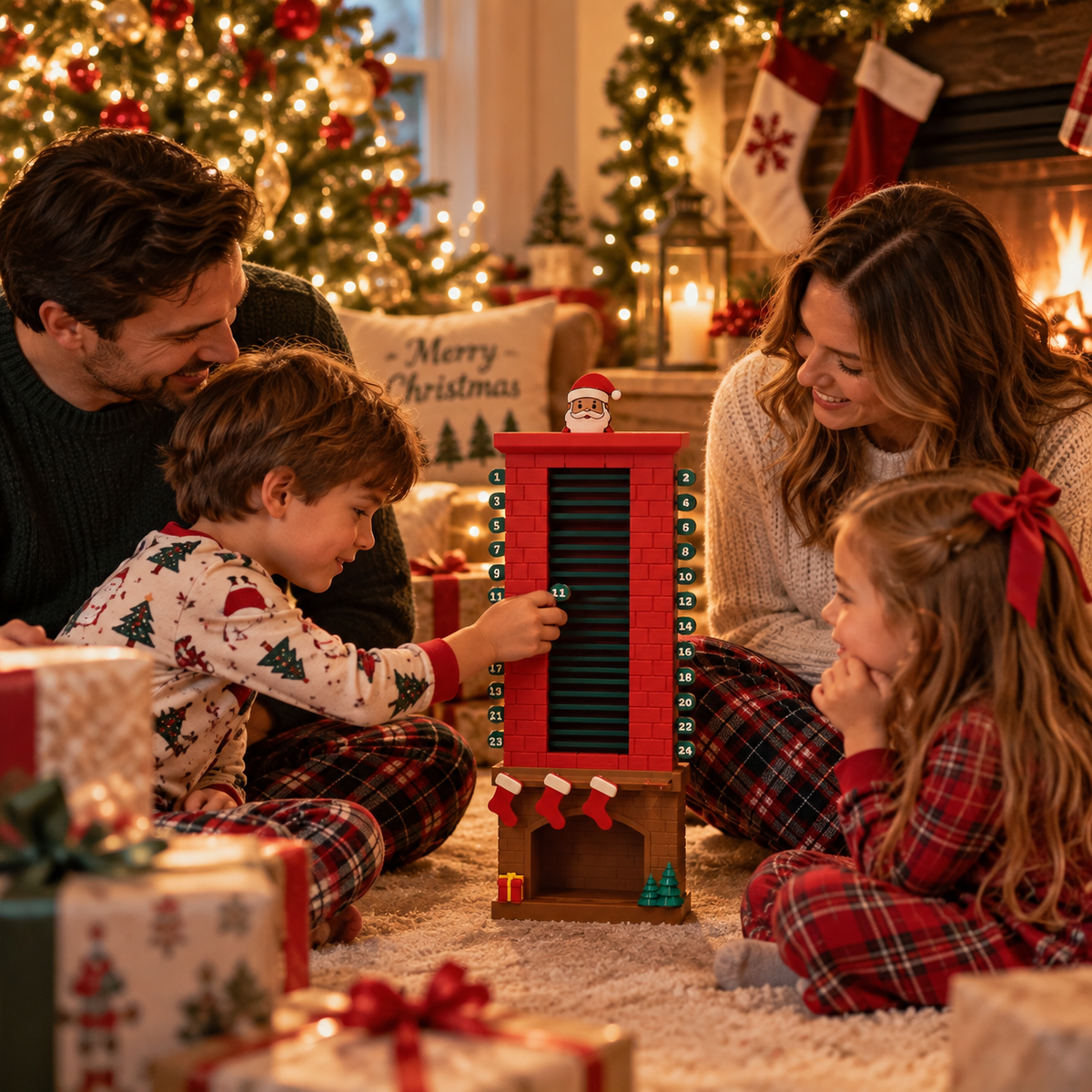 Family sharing a moment around the Santa Christmas countdown