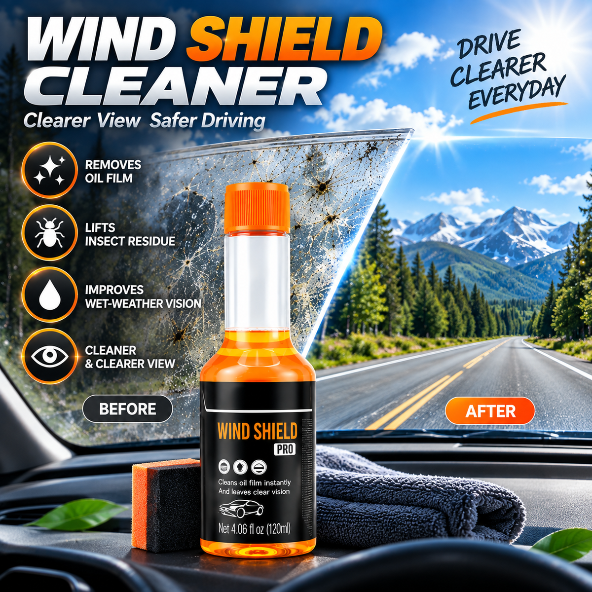 🚗✨Glass Cleaner – Oil Film, Stain & Insect Glue Remover with Hydrophobic Protection 🧽