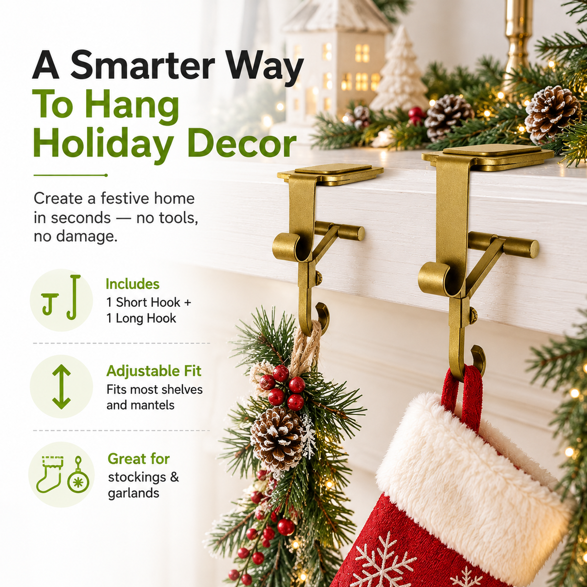 🎄 Christmas Shelf Stocking Hanger – Gold Shelf-Edge Hook for Garland & Holiday Decorations