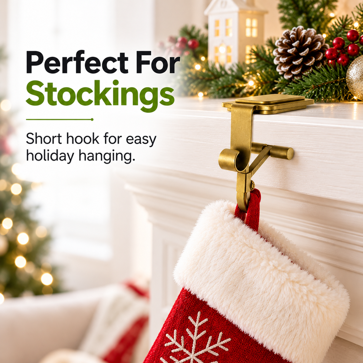 🎄 Christmas Shelf Stocking Hanger – Gold Shelf-Edge Hook for Garland & Holiday Decorations
